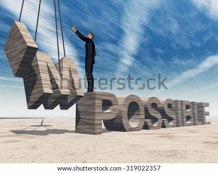 Concept conceptual 3D business man standing over abstract stone impossible text on sky background, metaphor to success, career, work, job, achievement, development, growth, progress, vision, possible