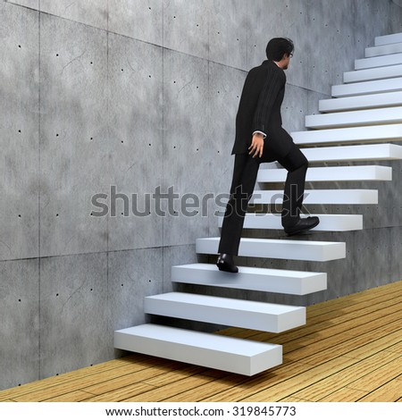Conceptual 3D man or  businessman climbing on a stair or steps near a wall background metaphor to success, climb, business, rise, achievement, growth, job, career, leadership, education, goal, future