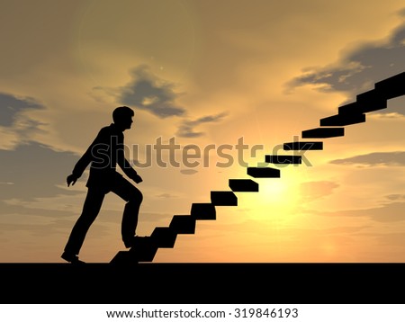 Concept or conceptual 3D male businessman on stair or steps over sunset sky background metaphor to success, climb, business, rise, achievement, growth, job, career, leadership, education, goal, future