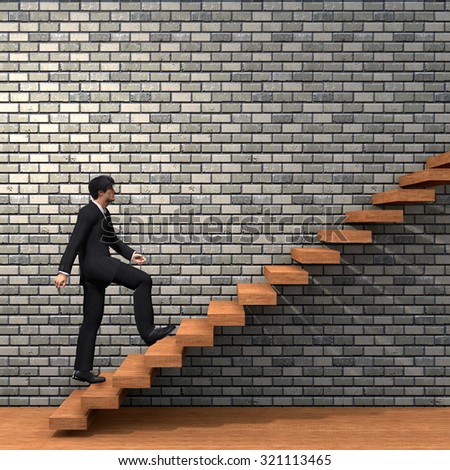 Conceptual 3D man or  businessman climbing on a stair or steps near a wall background metaphor to success, climb, business, rise, achievement, growth, job, career, leadership, education, goal, future
