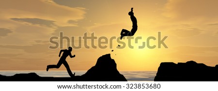 Conceptual 3D young man or businessman silhouette jump happy from cliff over water gap sunset or sunrise sky background banner metaphor to freedom, nature, mountain, success, free, joy, health risk