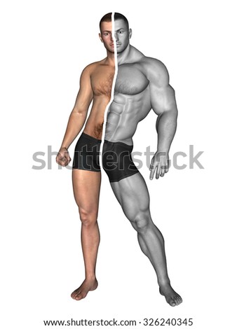 Concept or conceptual 3D strong young male man bodybuilder before and after isolated on white background metaphor weight loss, body, fitness, fatness, obesity, health, healthy, male, dieting or shape
