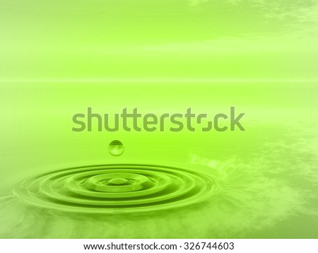 Concept or conceptual green liquid drop falling in water with ripples and waves background metaphor to nature, natural, summer, spa, drink, cool, business, environment, rain or health design