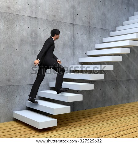 Concept 3D man or  businessman climbing on a stair or steps near a wall background metaphor to success, climb, business, rise, achievement, growth, job, career, leadership, education, goal or future