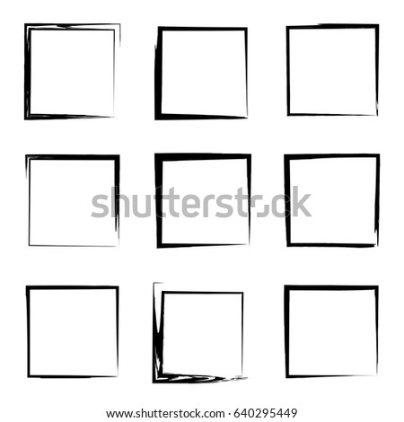 Vector collection or set of artistic black paint hand made creative grungy brush stroke square frames or borders isolated on white background. A grunge education sketch abstract creative ink design