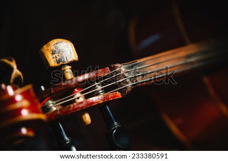 fretboard of old shabby cello on a black backgrounds. Selective soft focus on string