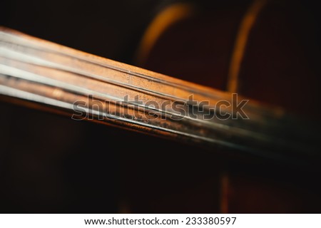 fretboard of old shabby cello on a black backgrounds. Selective soft focus on string