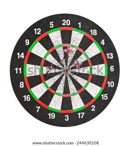 old perforation dartboard with flags on darts. isolated on white