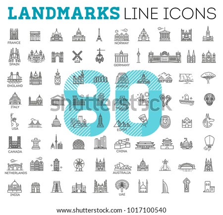 80 Flat line design style vector illustration icons set and logos of top tourist attractions, historical buildings, towers