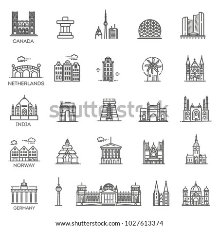 Simple linear Vector icon set representing global tourist landmarks and travel destinations for vacations