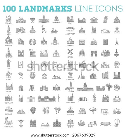 100 Flat line design style vector illustration icons set and logos of top tourist attractions, historical buildings