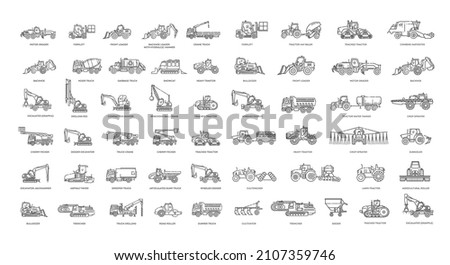Construction vehicles and Agricultural machinery. Industrial transport vector icons