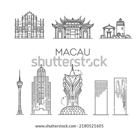 Macau architecture line flat skyline illustration. China