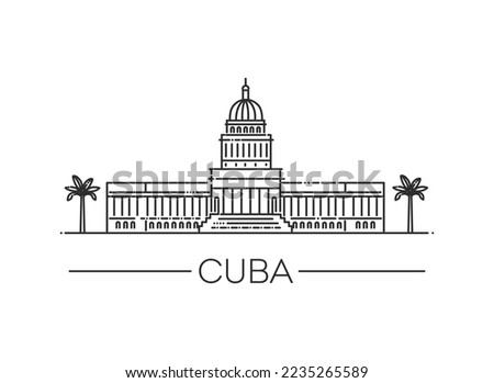 Capitolio building in Central Havana. Cuba architecture line skyline illustration