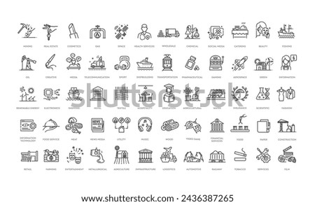 Types of Industries outline icons. Vector illustration