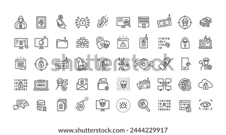 Hacking and Cyber Attack vector line icon set