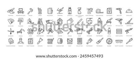 Set of outline painting decorating icons. Home renovation equipment