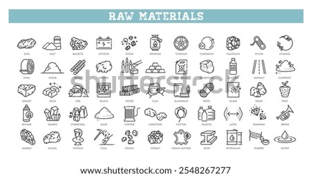 Raw materials icon set. Critical mineral resource outline icons