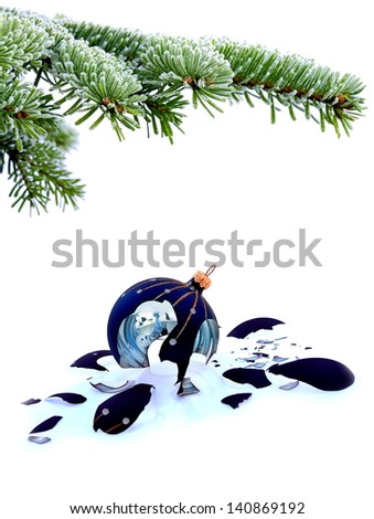 Christmas tree and broken glass bauble on white, failed christmas