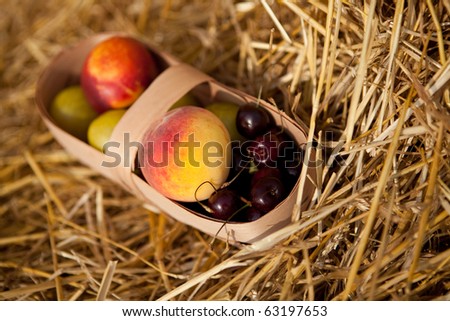 Some fruits in the basket on straw