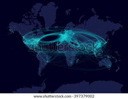 Aviation airline comunication night map. Airline flows airline routes and carried passangers. Air transport map with  airport connections. Graph theory earth at night. 