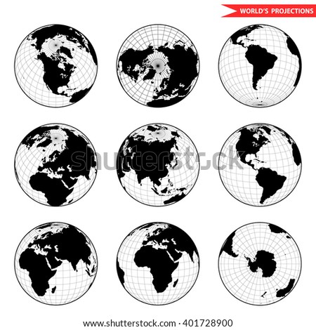 Set of different globe hemishpere. World view from space icon.