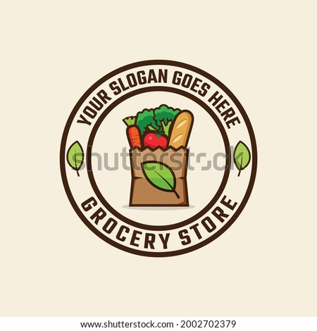 Grocery Paper Bag Emblem Stamp Label Badge for Grocery Groceries Retail E Commerce Shop Store Market Supermarket Company Brand Business in Creative Unique Retro Hipster Style Logo Design Template.