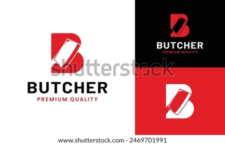 Letter Initial B Butcher with Cleaver Meat Knife Logo Design Template. Suitable for Butchers Butchery Deli Meat Shop Chef Cattle Livestock in Vintage Hipster Retro Style Logo Design Template.