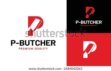 Letter Initial P Butcher with Cleaver Meat Knife Logo Design Template. Suitable for Butchers Butchery Deli Meat Shop Chef Cattle Livestock in Vintage Hipster Retro Style Logo Design Template.