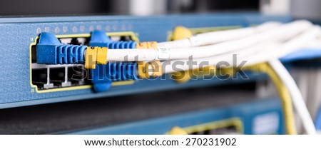 Dirty UTP Cat5e Cable on Network switch close up