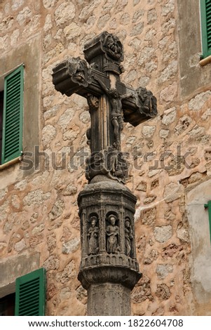 Detail of 'Creu de la Vila de Dalt', or 'Creu de l'Abeurador', term cross in Valldemossa, Mallorca. Stok fotoğraf © 