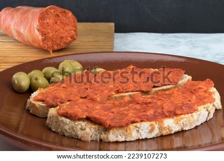 Similar – Image, Stock Photo Sobrasada with bread and parmesan typical mallorca spain