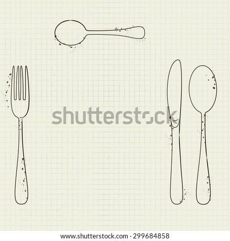vector drawing silhouettes of cutlery on a piece of a school notebook