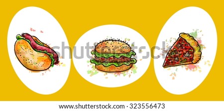vector illustration of fast food pizza and burgers
