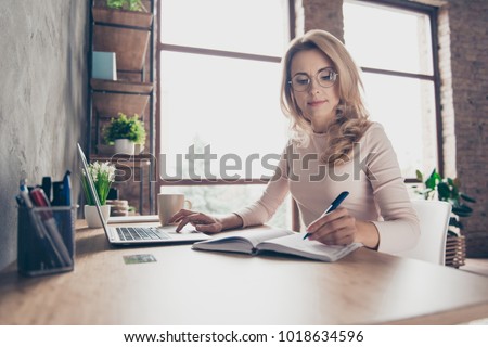 Similar – Image, Stock Photo Blond woman writing on clipboard bending on office desk