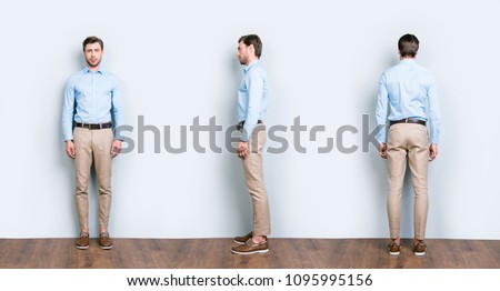 Similar – Image, Stock Photo Stylish dreamy man standing on rough brick wall