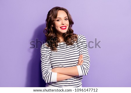 Similar – Image, Stock Photo Young dimpled woman smiles and looks at camera while standing in front of petrol blue wall