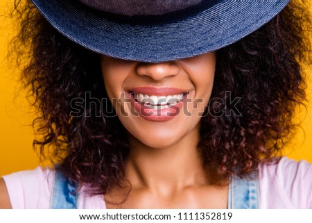 Similar – Image, Stock Photo Cheerful black woman covering eye