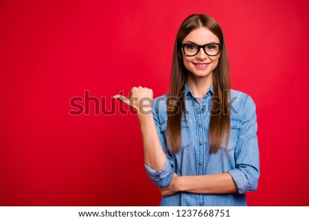 Similar – Image, Stock Photo This way. Shows a girl in a bathing cap, with her hand outstretched by the sea in one direction.