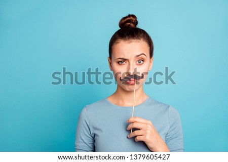 Close up portrait of carefree careless lady millennial hold hand make faces fool future actor actress have holidays dressed cotton fashionable clothing isolated on colorful background