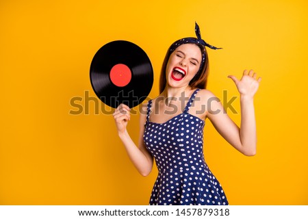 Image, Stock Photo Woman holding vinyl record. Music passion. Listening to music from analog record. Playing music from analog disk. Enjoying music from old collection. Retro and vintage. Stereo audio. Analog sound