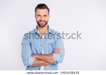 Similar – Image, Stock Photo Lovely portrait of handsome man and beautiful woman with their baby son, looking at camera, while sitting on their home terrace floor.