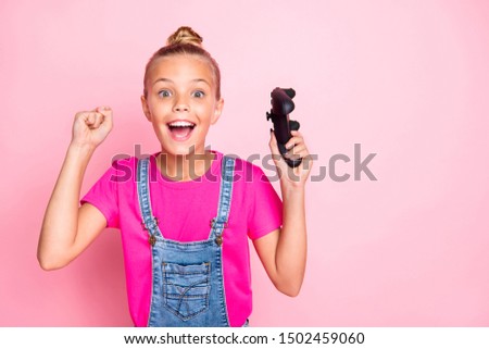 Similar – Image, Stock Photo Little gamer celebrating victory in VR game