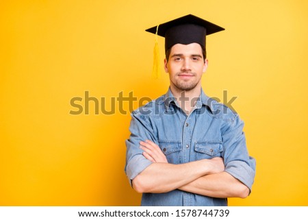Photo of confident serious worker having graduated from universite able to do all assignments required with hands folded isolated vivid color background Imagine de stoc © 