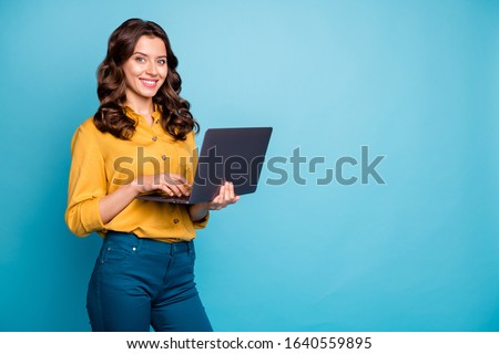 Similar – Image, Stock Photo Portrait of she nice attractive lovely cheery long-haired girl wearing streetstyle using cell free time isolated over gray color background