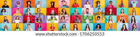 Photo collage of group of glad cheerful excited astonished funky scared surprised people person youngsters children having bright facial expressions isolated over multicolored background