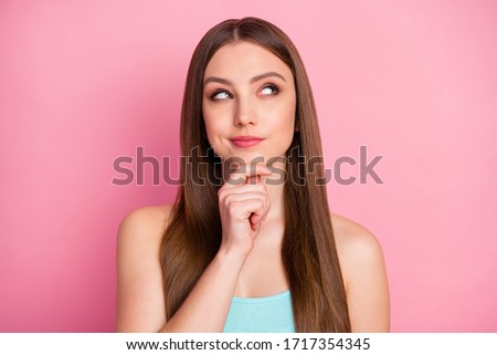 Close-up portrait of her she nice attractive lovely pretty charming cheerful cheery curious straight-haired girl creating new strategy isolated over pink pastel color background Foto d'archivio © 