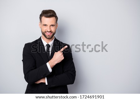 Portrait of smart confident man entrepreneur company owner point index finger suggest select promo adverts advertise ads wear formalwear outfit isolated over grey color background