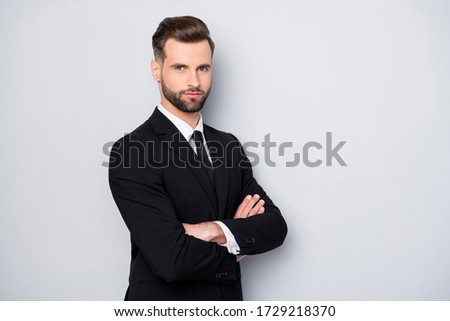 Similar – Image, Stock Photo Photo of good looking African American prosperous busineswoman waits for partner in office, drinks coffee discusses future plans with colleague looks away with cheerful expression wears formal clothes