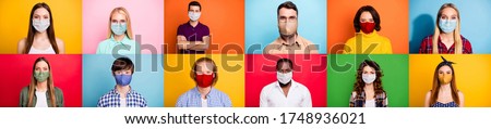 Stop covid-2019 concept. Photo montage multiple composite image of careful crowd of people of different age and ethnicity using face facial sterile masks isolated over colorful background